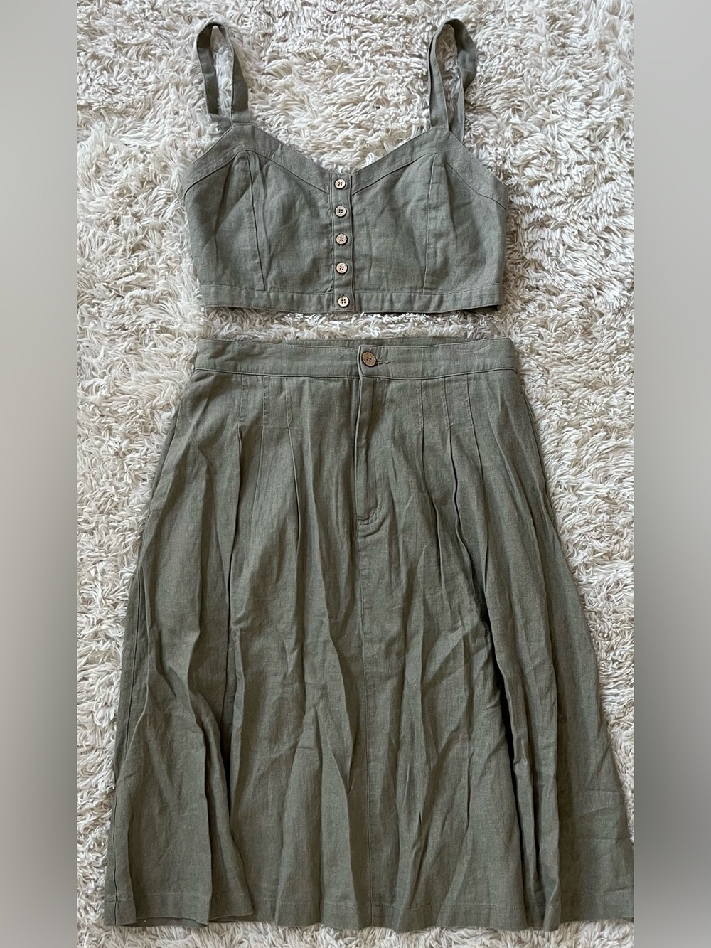 Women's Olive Green Linen-Blend Pleated Skirt and Cropped Top Matching Set